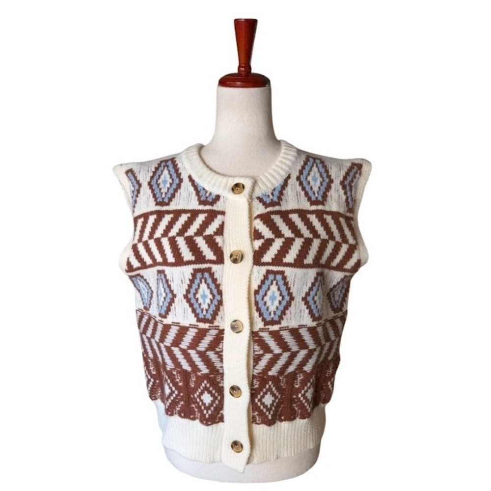 Sunday Edition Womens Geometric Fair Isle Knit Button Front Sweater Vest Cream M